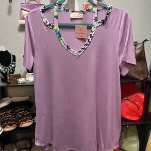 Avery Lavender Short Sleeve Tee with Patterned Trim large
